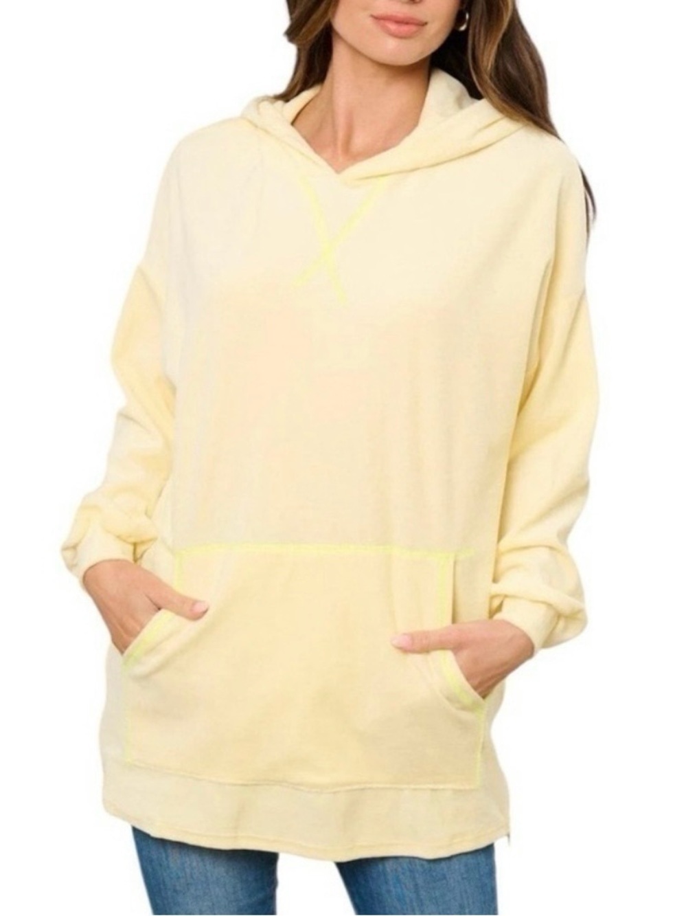 ANDANTE USA Yellow Hoodie with Neon Trim, A Kangaroo Pocket + Side Zips at Hips - Picture 2 of 5